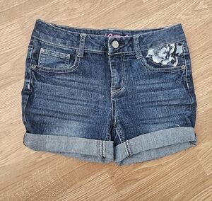 Red Camel Dark Blue Jean Shorts with Floral Embroidered Accents